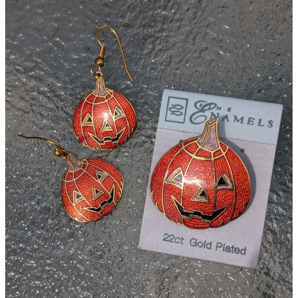 Enamels 22ct Gold Plated Halloween Pumpkin Pen Brooch Earrings
